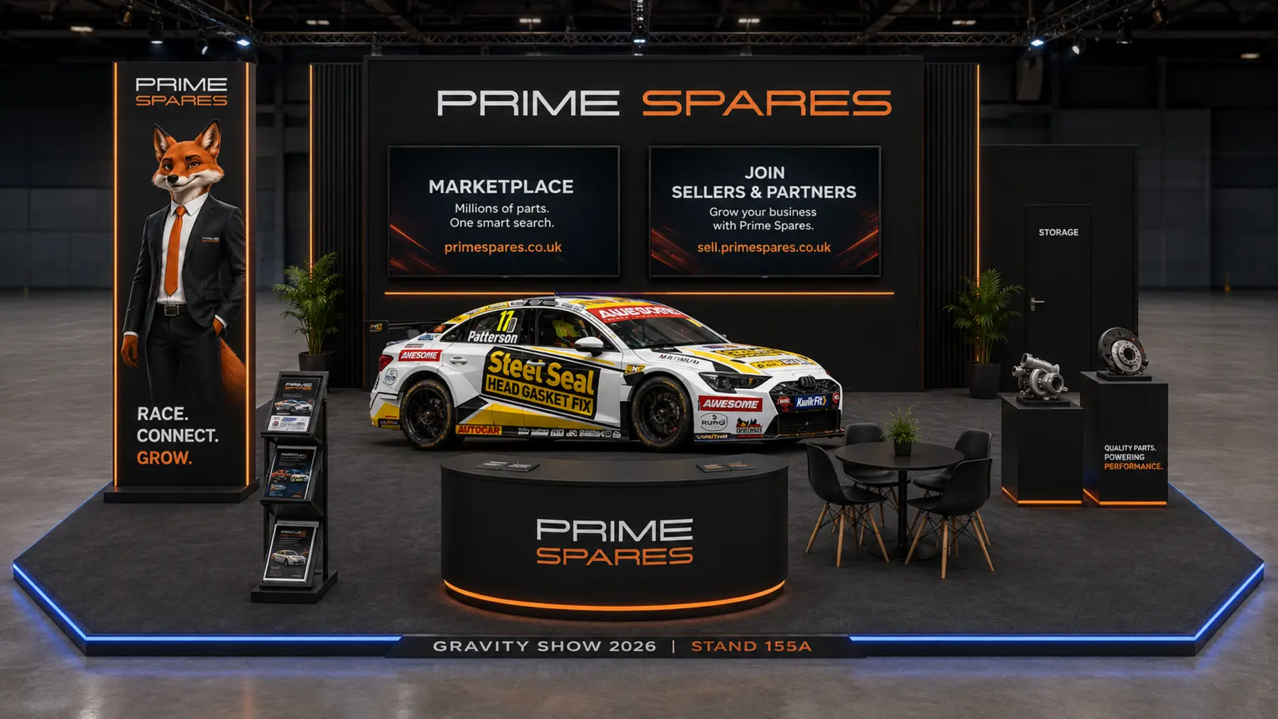 Prime Spares stand 155A at Gravity Show 2026 — race car in full livery, Prime Fox mascot, marketplace and partner screens